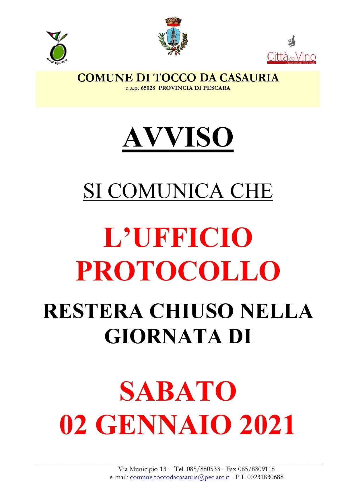 AVVISO UFFICIO PROTOCOLLO